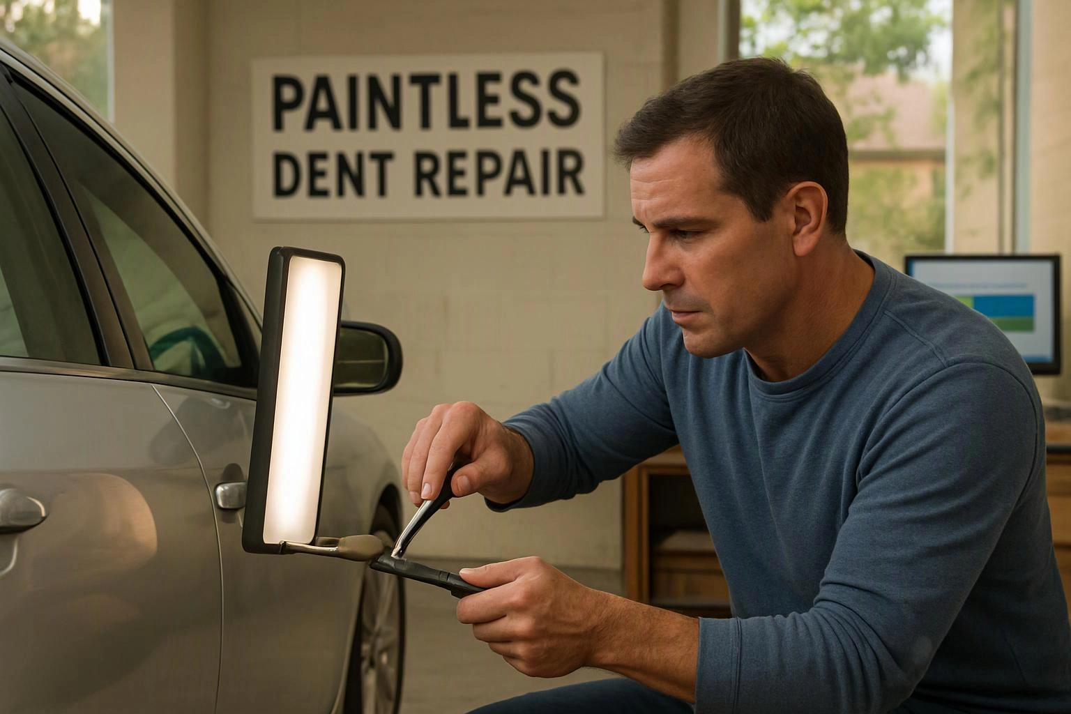 A man inspects a car door with a light and tool inside a paintless dent repair shop