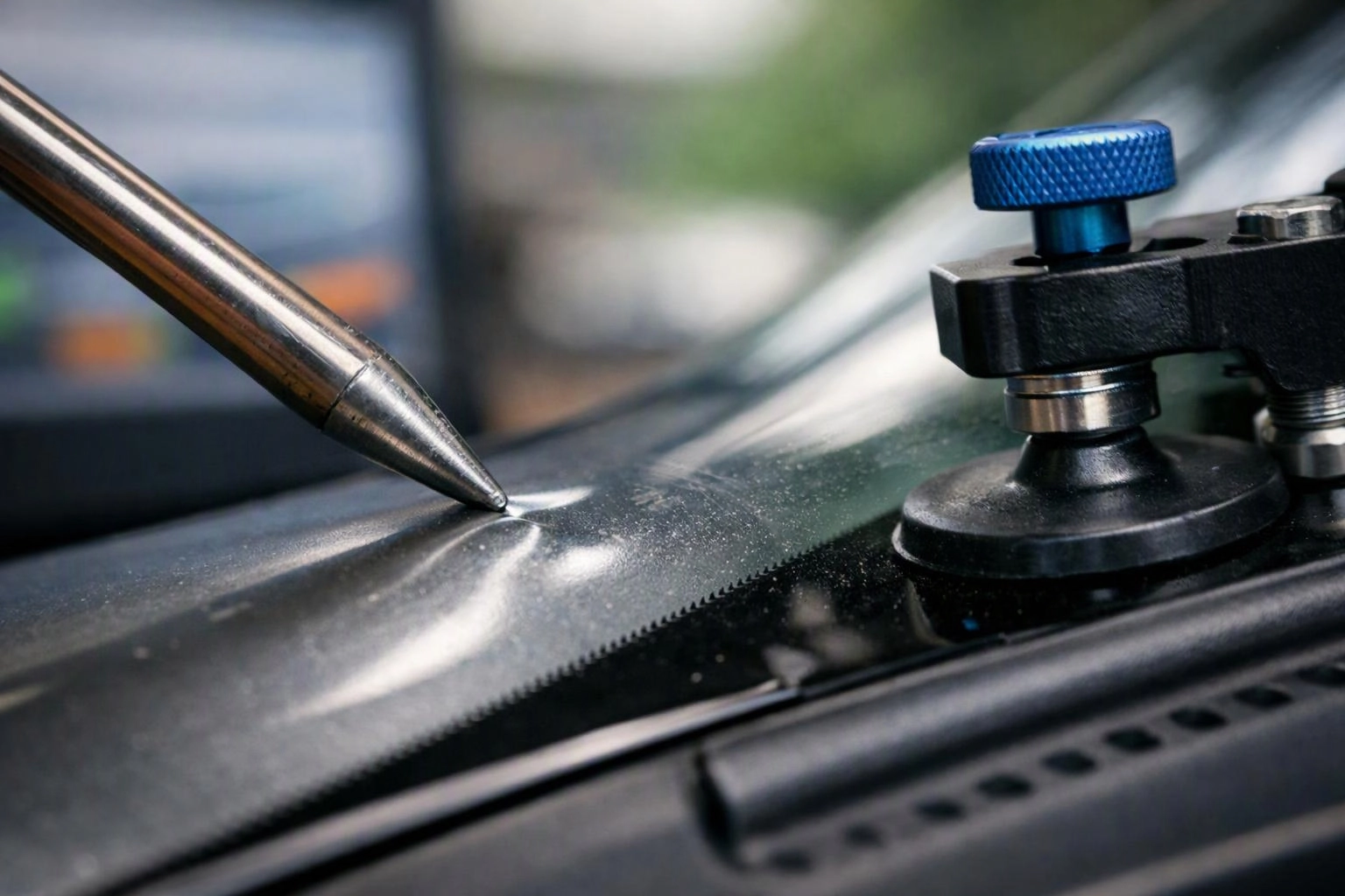 A metal tool tip presses against a glossy black surface beside a blue suction mount in close-up