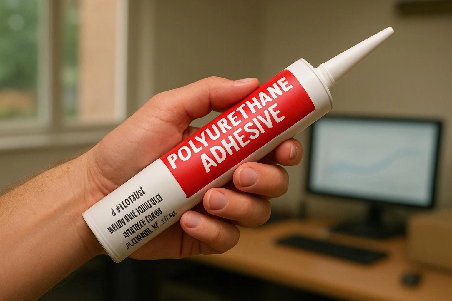 A hand holds a tube labeled “POLYURETHANE ADHESIVE” in front of a blurred computer monitor on a desk