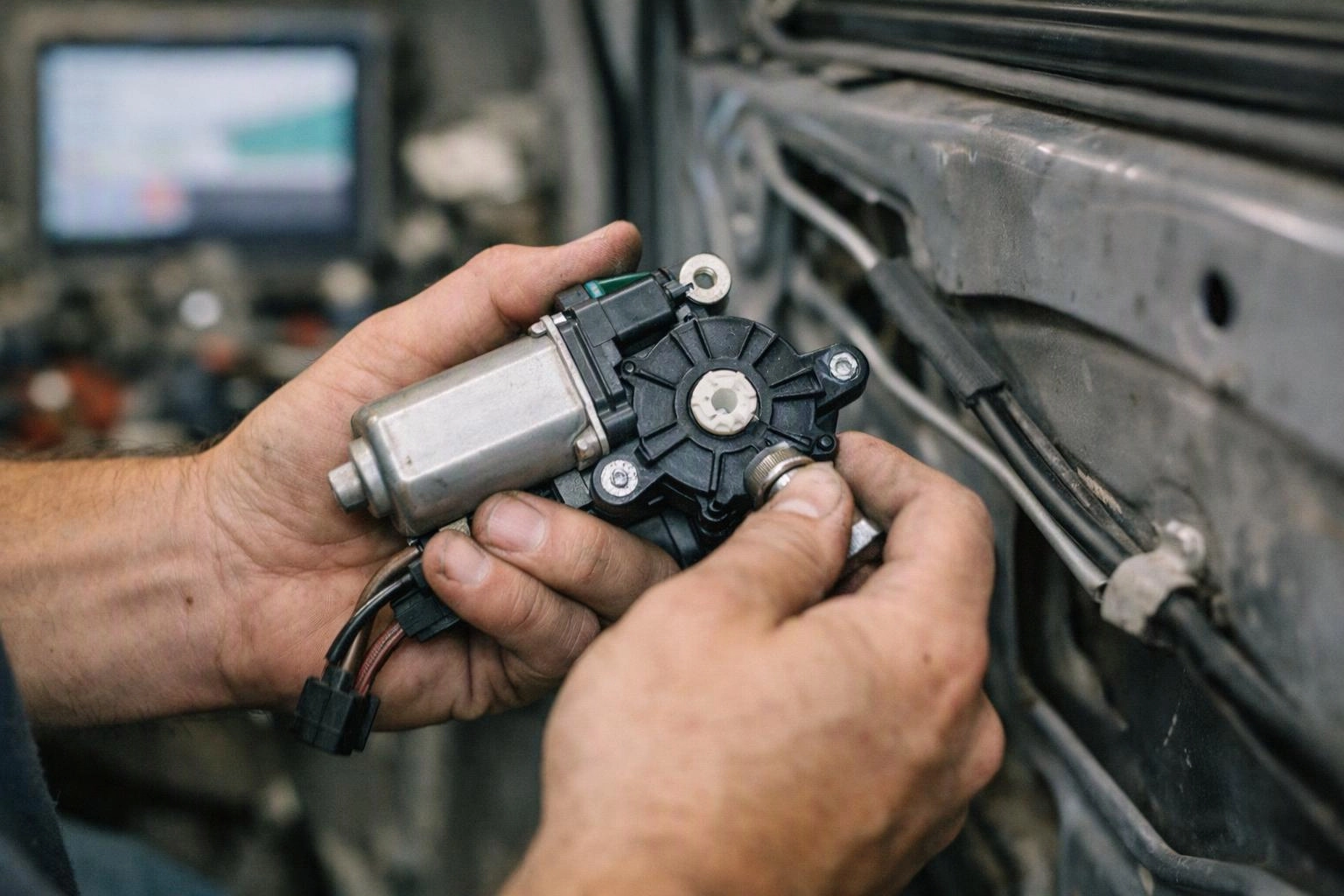 Hands install a small automotive motor part inside an open vehicle door panel in a workshop