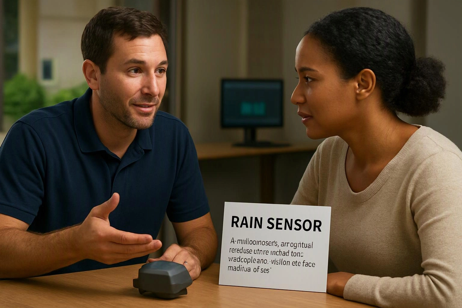 Two people talk across a table beside a small device and a card labeled “RAIN SENSOR”