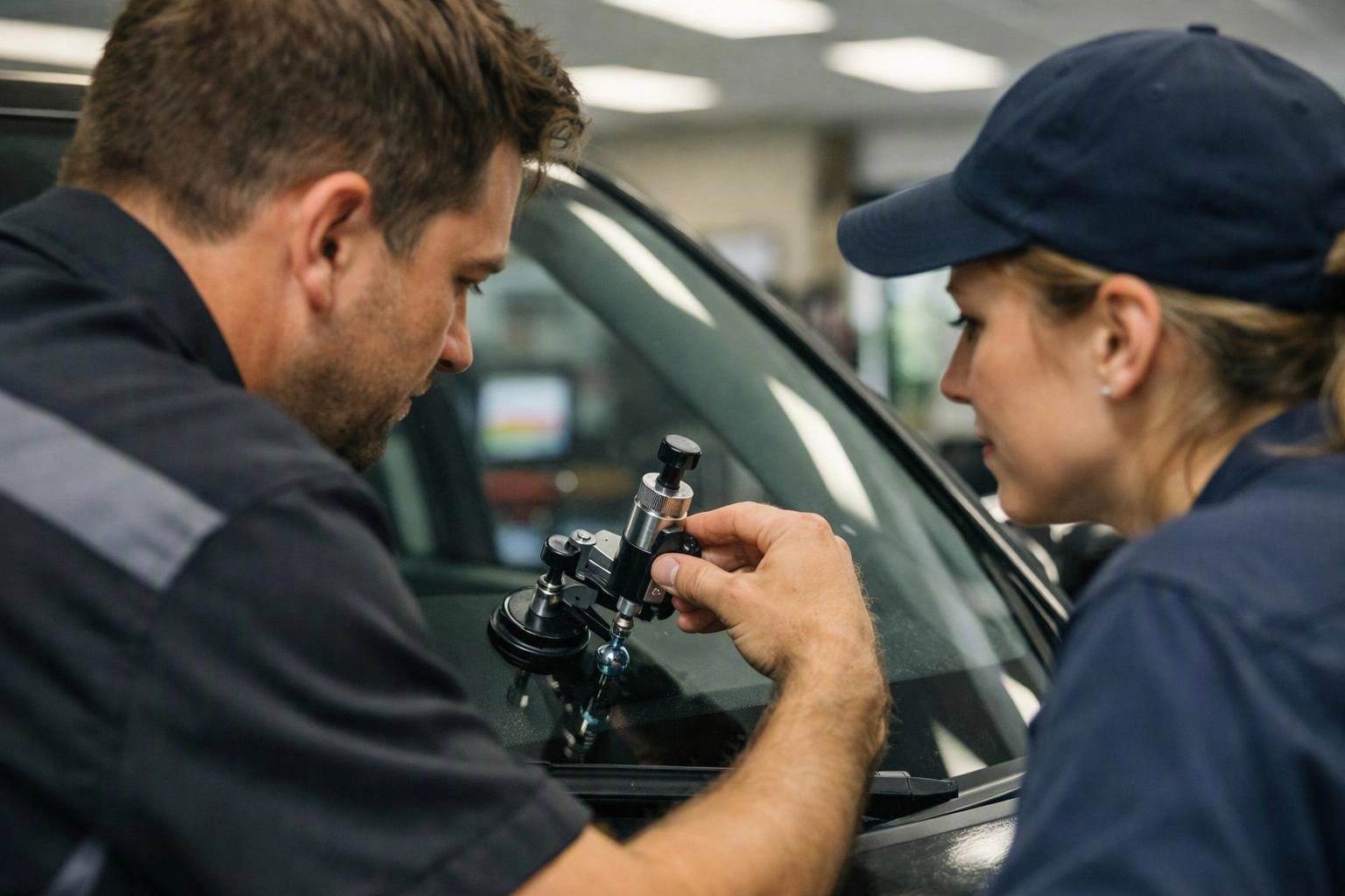 Two auto workers inspect a car windshield with a repair tool inside a bright service bay