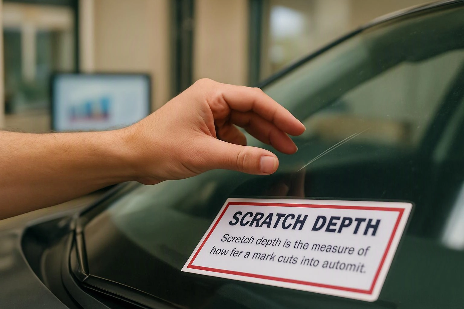 A hand hovers over a car windshield beside a card labeled “SCRATCH DEPTH” with a visible scratch line