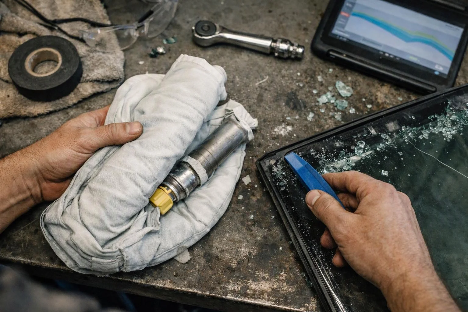 Hands repair a cracked car windshield on a workbench with tools and a tablet nearby