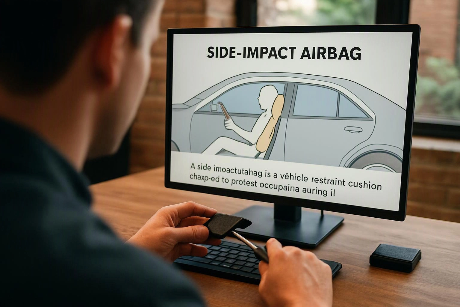 A person sits at a desk, looking at a monitor showing a side-impact airbag diagram and text