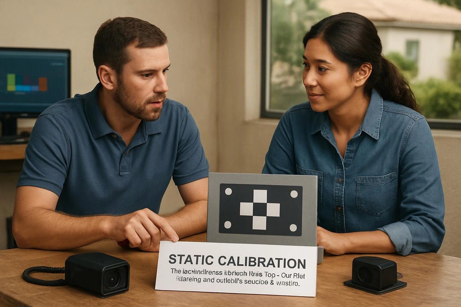 Two people sit at a table examining a calibration board and small cameras in a bright room