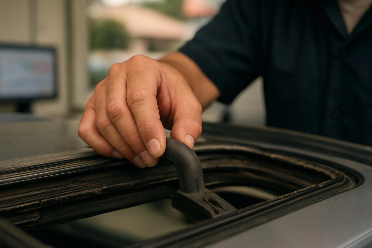 A hand grips a black handle on an open machine lid in a workshop setting