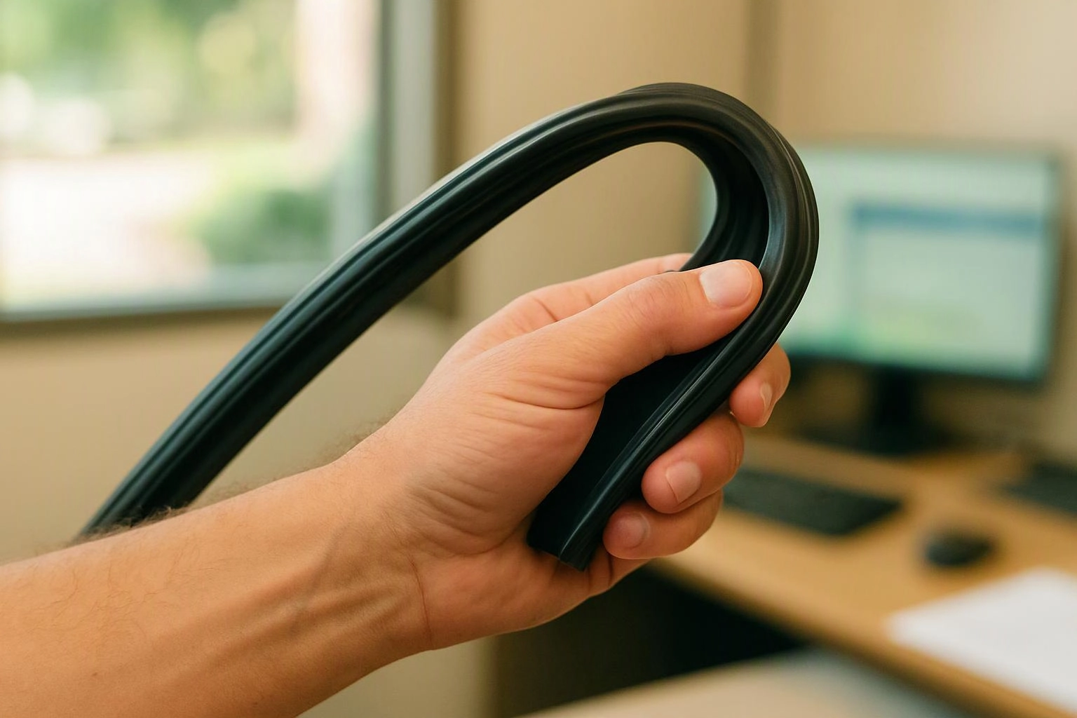 A hand holds a looped black rubber strip in a softly blurred office setting