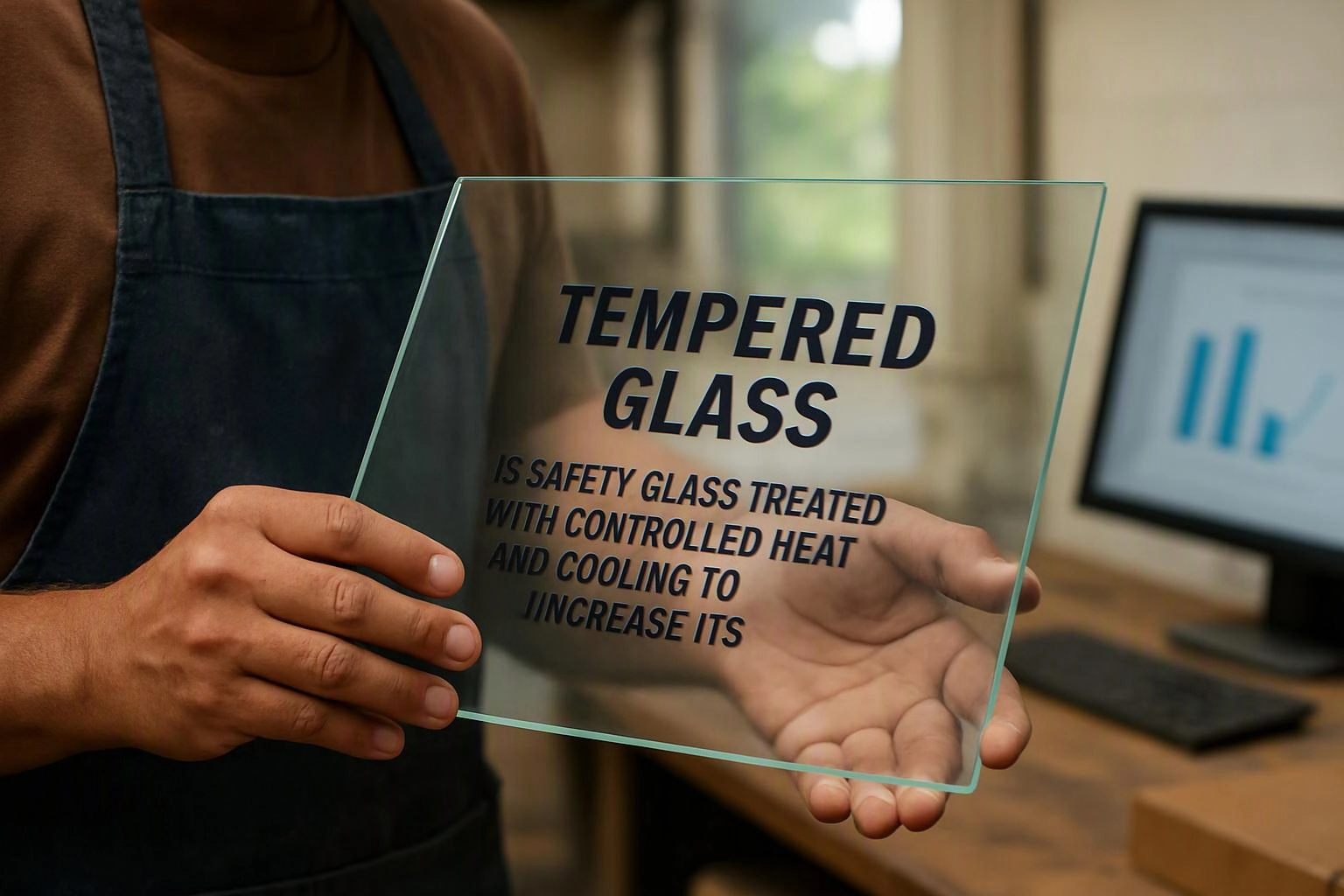 A person in an apron holds a clear glass panel with printed tempered glass text in a workshop