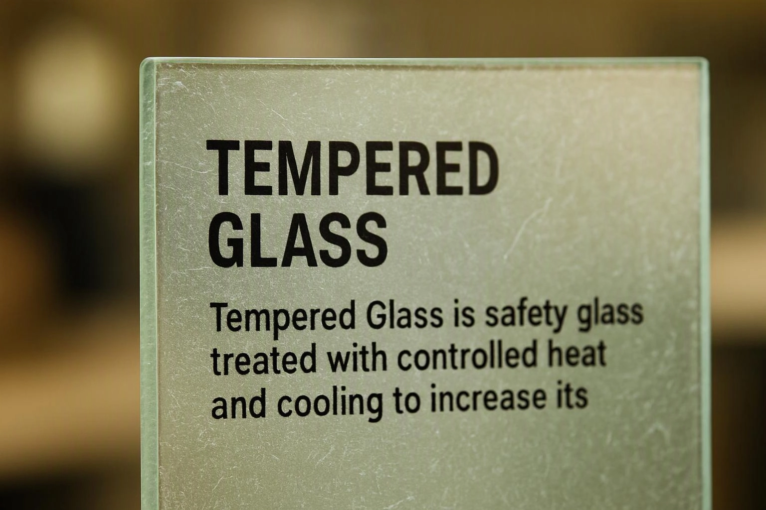 Close-up of a tempered glass plaque with bold black text on a blurred background