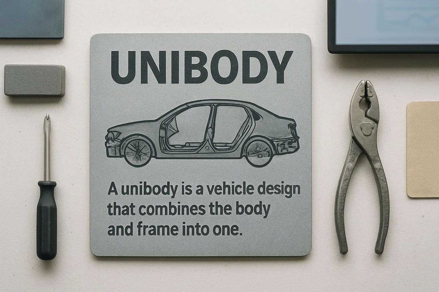 A flat card labeled UNIBODY shows a car diagram and a brief definition, surrounded by tools on a light surface
