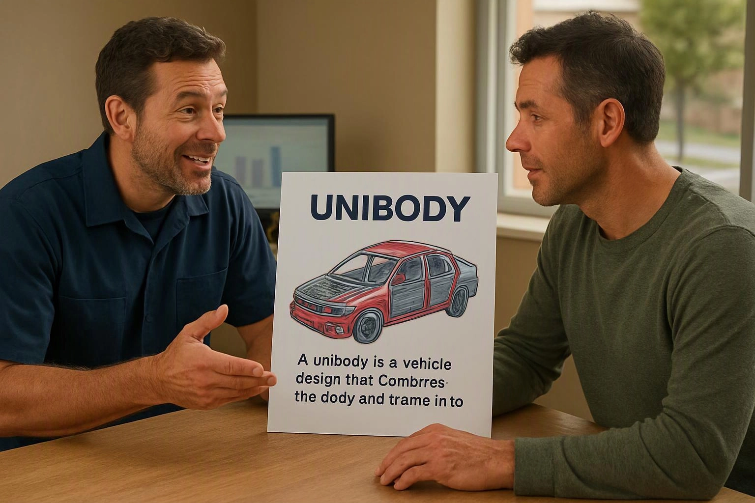 Two men sit at a table discussing a poster labeled “UNIBODY” with a car diagram and partial text