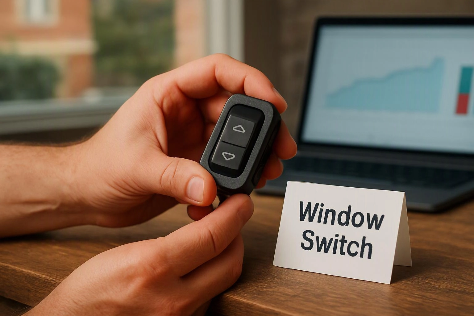 Hands hold a black window switch beside a desk card labeled Window Switch, with a laptop in the background
