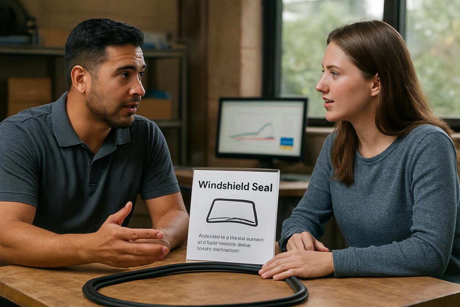 Two people sit at a table discussing a windshield seal display in a workshop setting