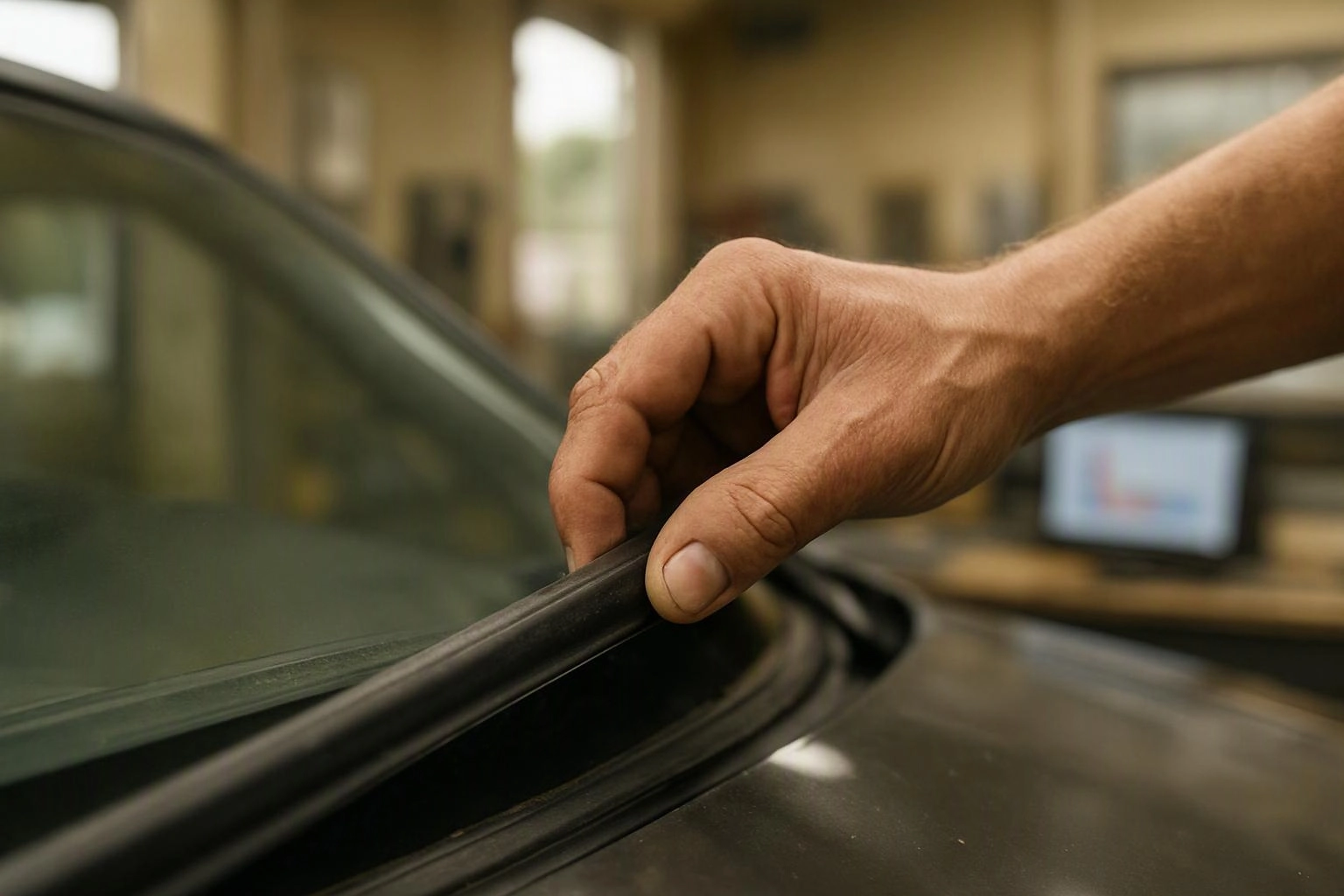 A hand presses a car windshield seal, with the vehicle and a blurred workshop in the background