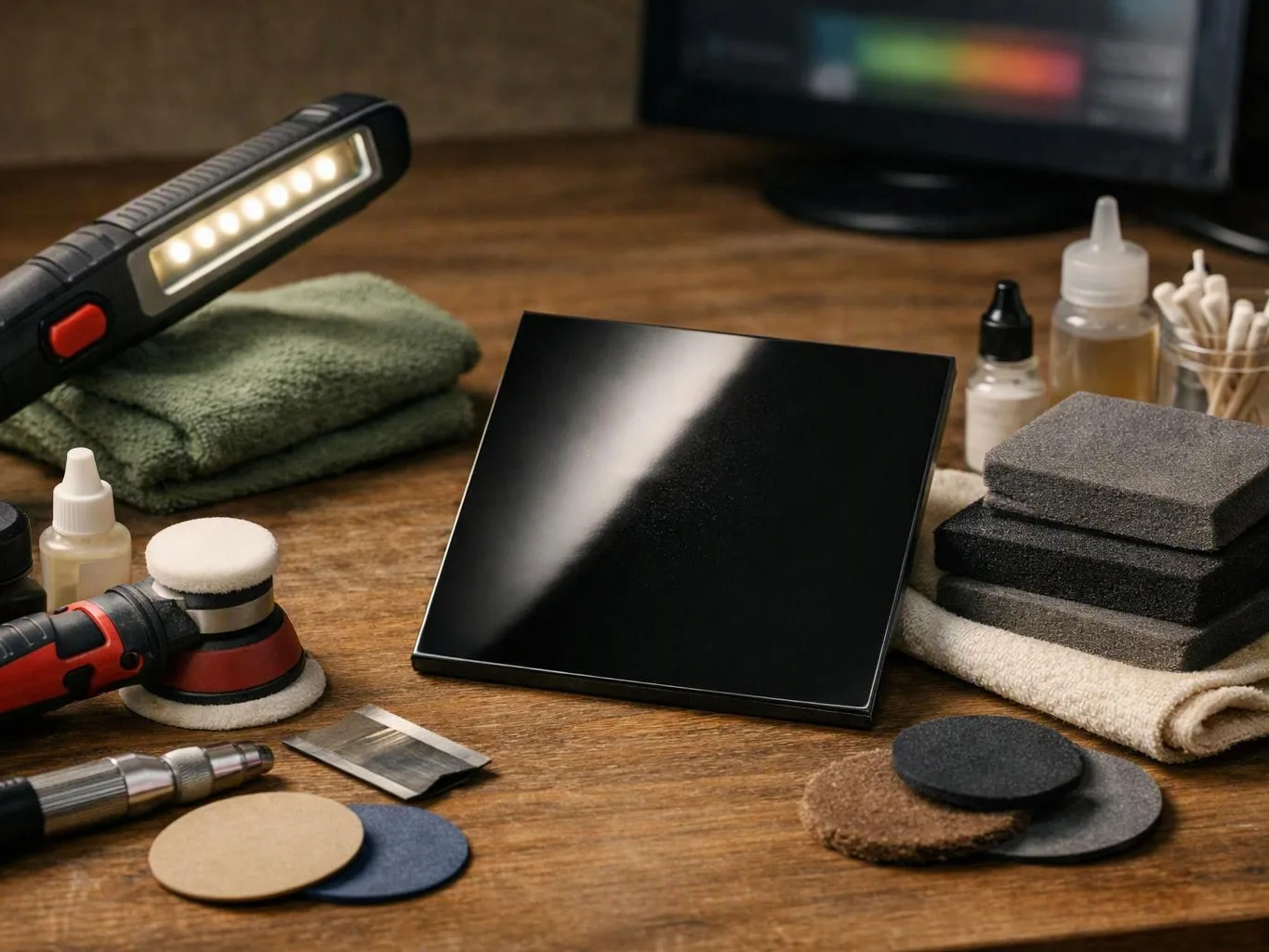 A glossy black square panel sits on a wooden table surrounded by polishing pads, cloths, bottles, and a work light