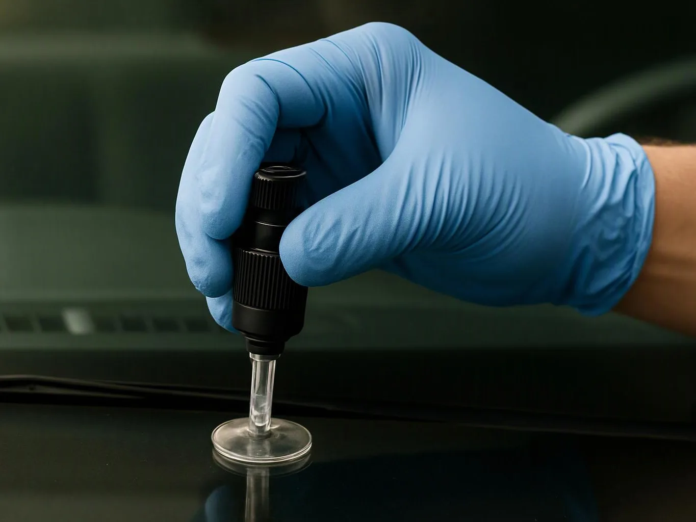 A gloved hand holds a black suction tool attached to a clear suction cup on a dark glossy surface