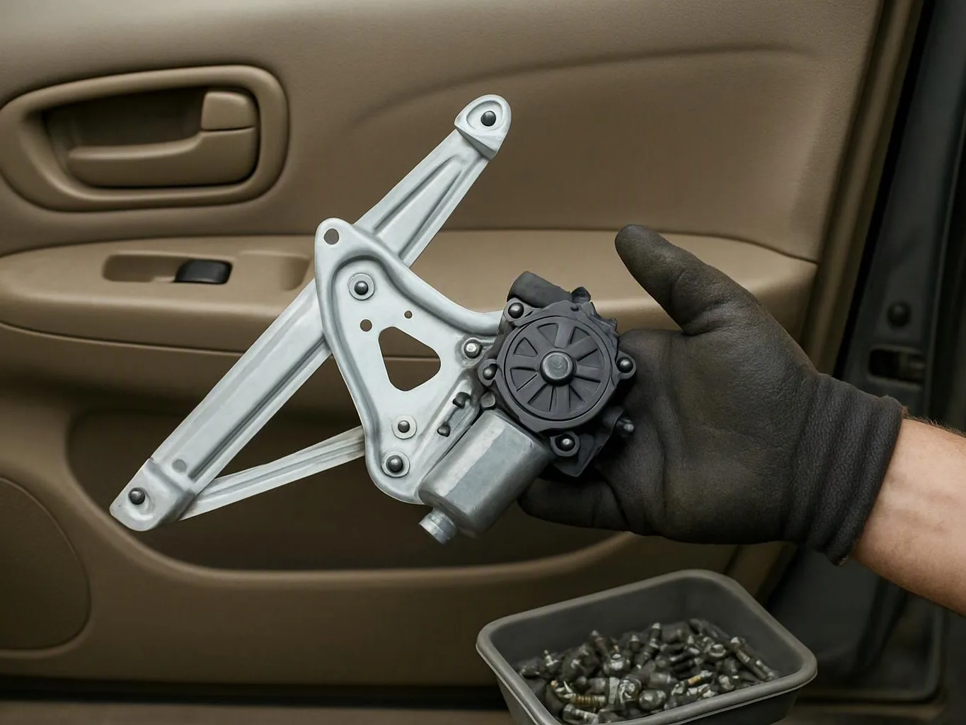 A gloved hand holds a car window regulator beside a tan vehicle door panel and a tray of screws