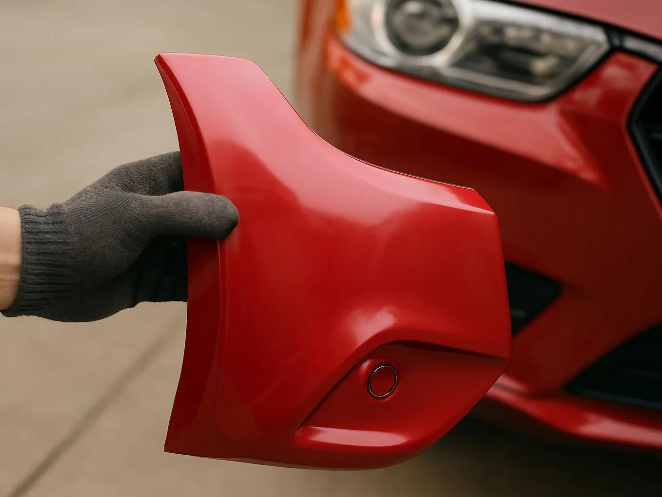 A gloved hand holds a red car bumper piece beside the front of a red vehicle