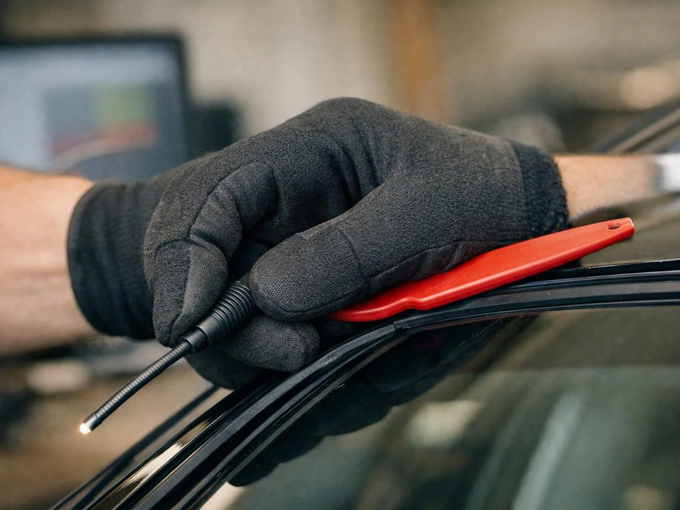 Gloved hand holds a red trim tool and a probe on a car windshield in a workshop