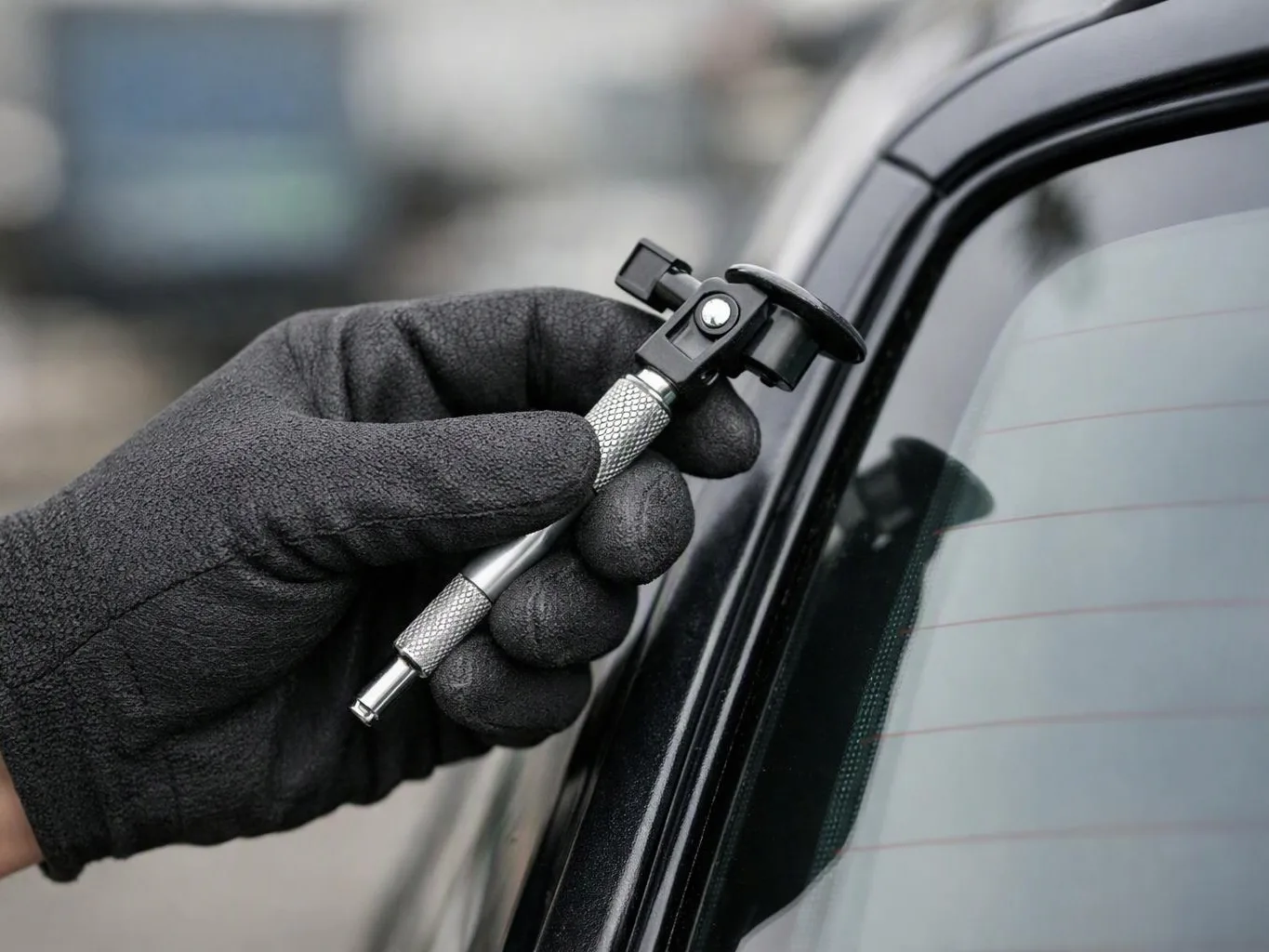 A gloved hand holds a small metal tool against a car window near the door frame