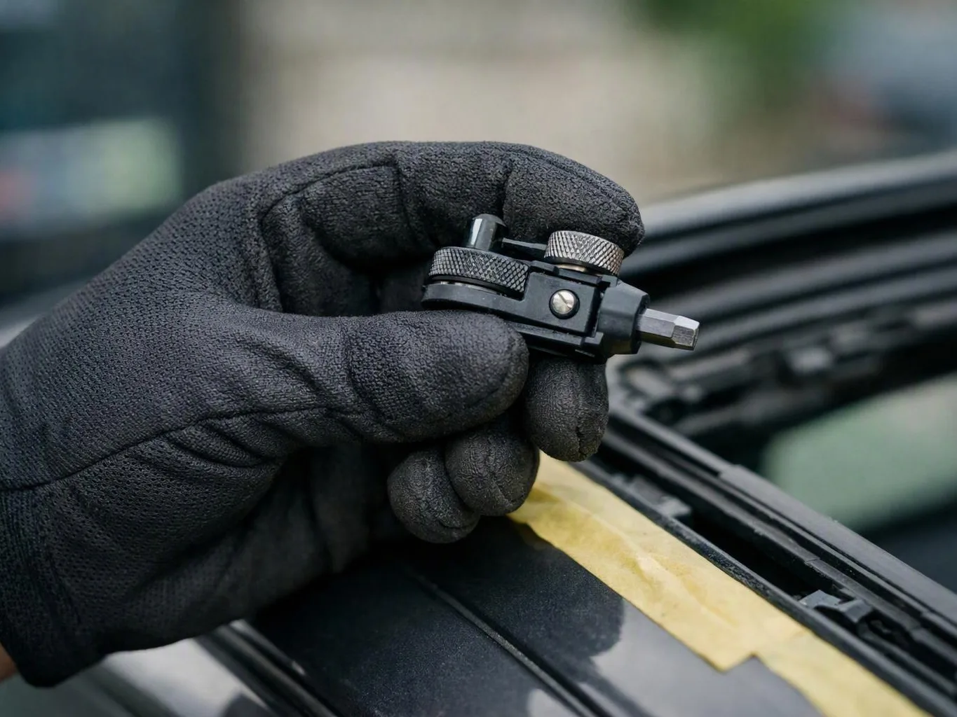 A gloved hand holds a small metal tool over a taped car windshield wiper area