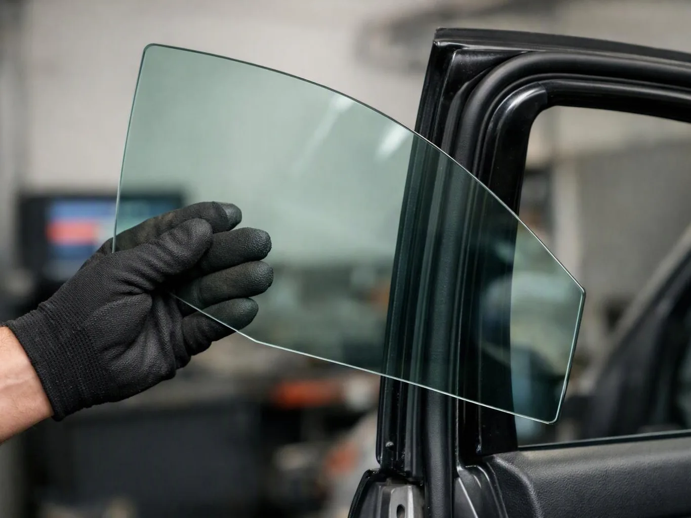 A gloved hand holds a tinted car window glass panel beside an open vehicle door frame