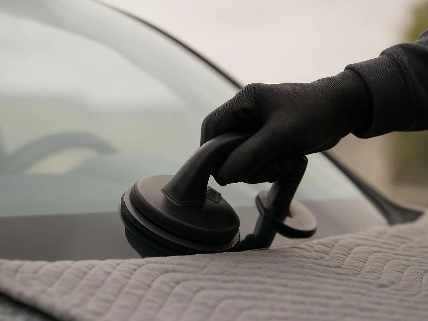 A gloved hand presses a suction cup tool against a car windshield in close-up