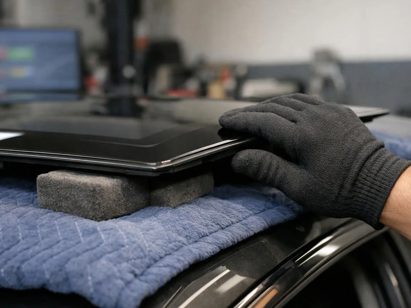 A gloved hand rests on a laptop sitting on foam blocks and a blue towel in a workshop setting