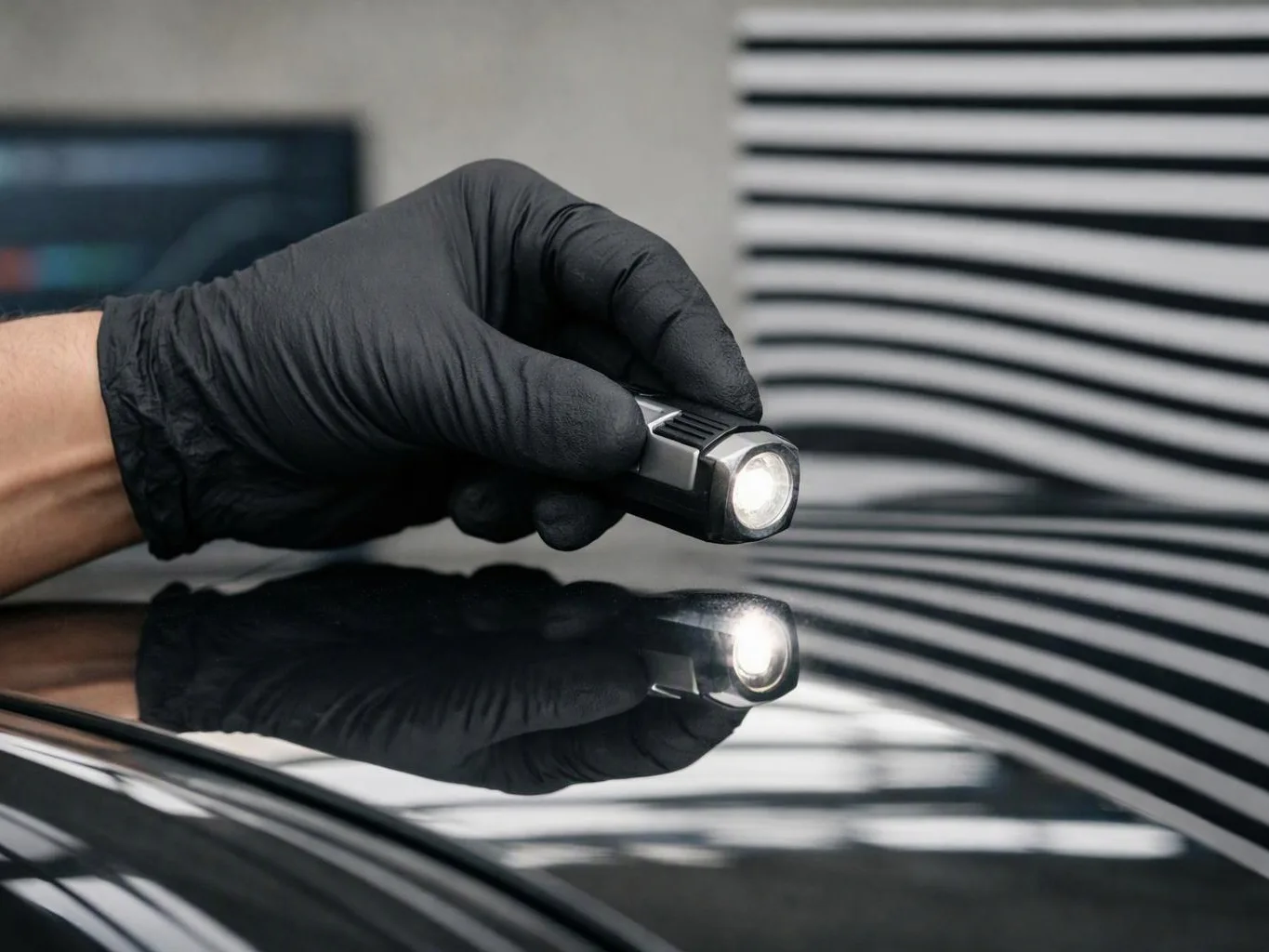A gloved hand shines a small flashlight across a car roof, with the light reflected on the glossy surface