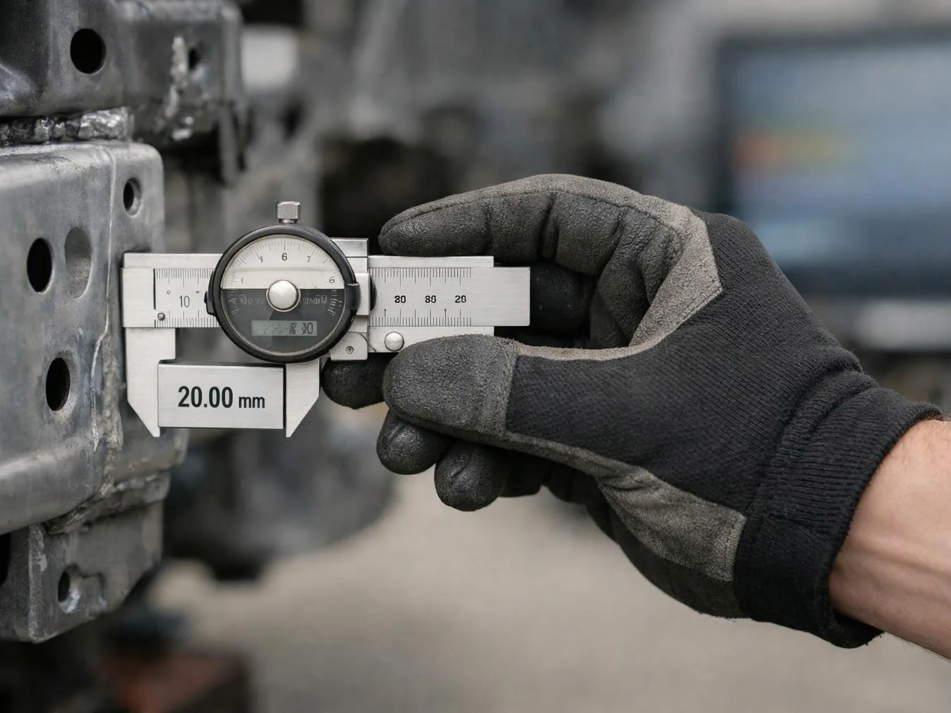 Gloved hand uses a digital caliper to measure a metal block in a workshop