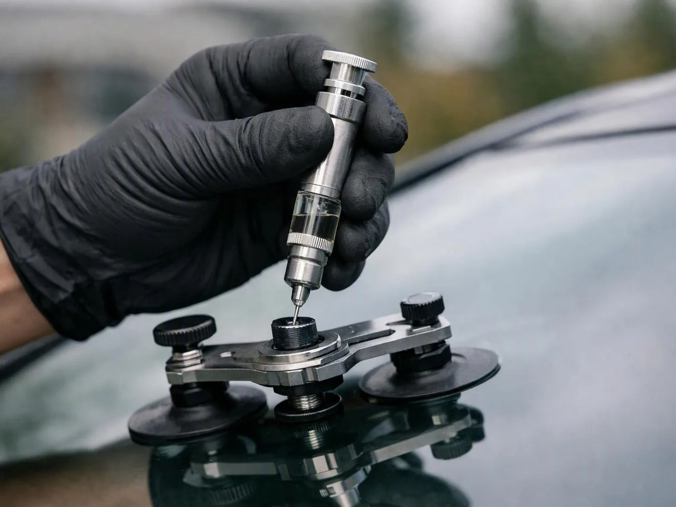 A gloved hand uses a metal tool on a windshield repair suction device outdoors