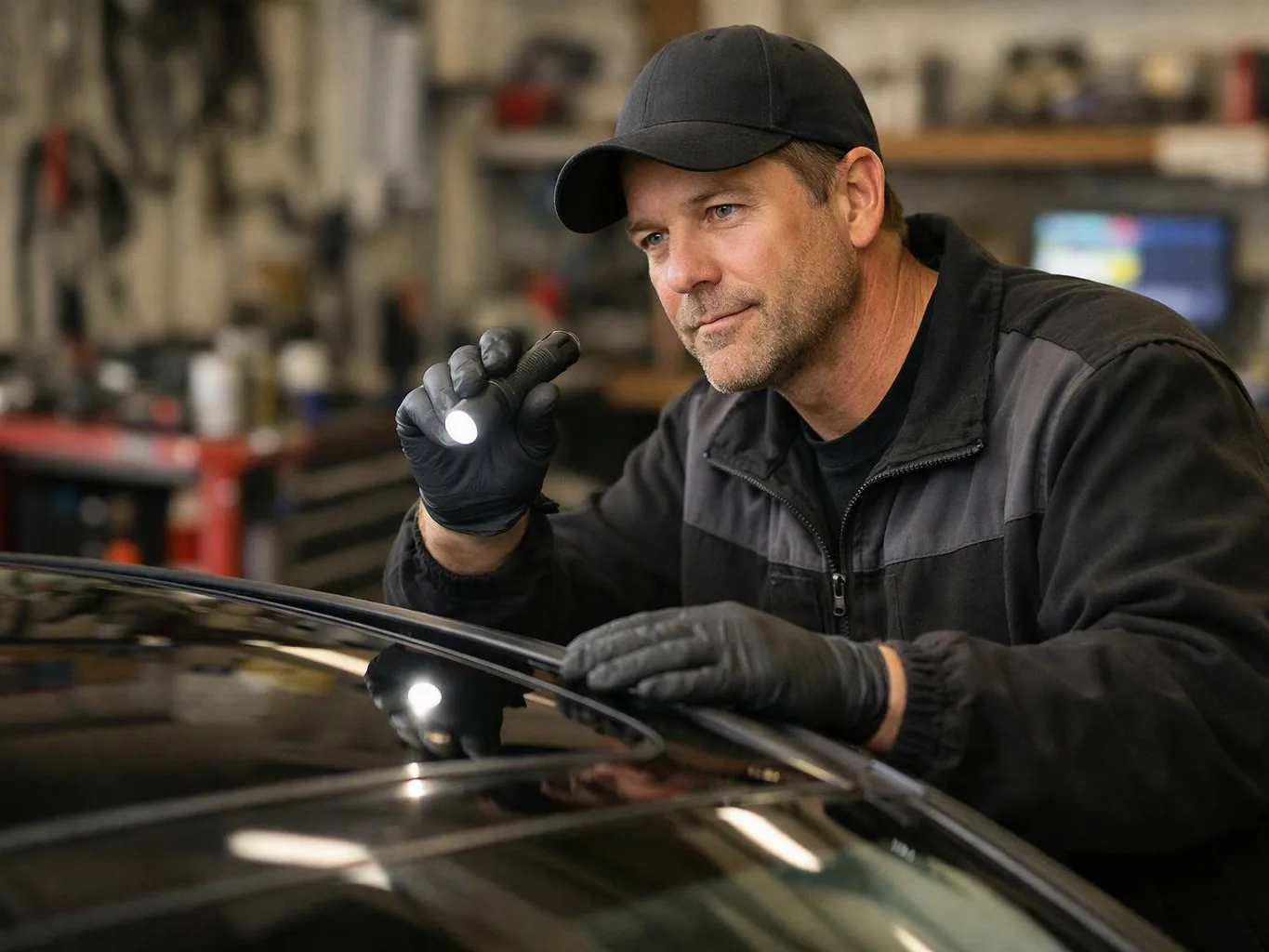 A gloved man inspects a car window with a flashlight inside a workshop