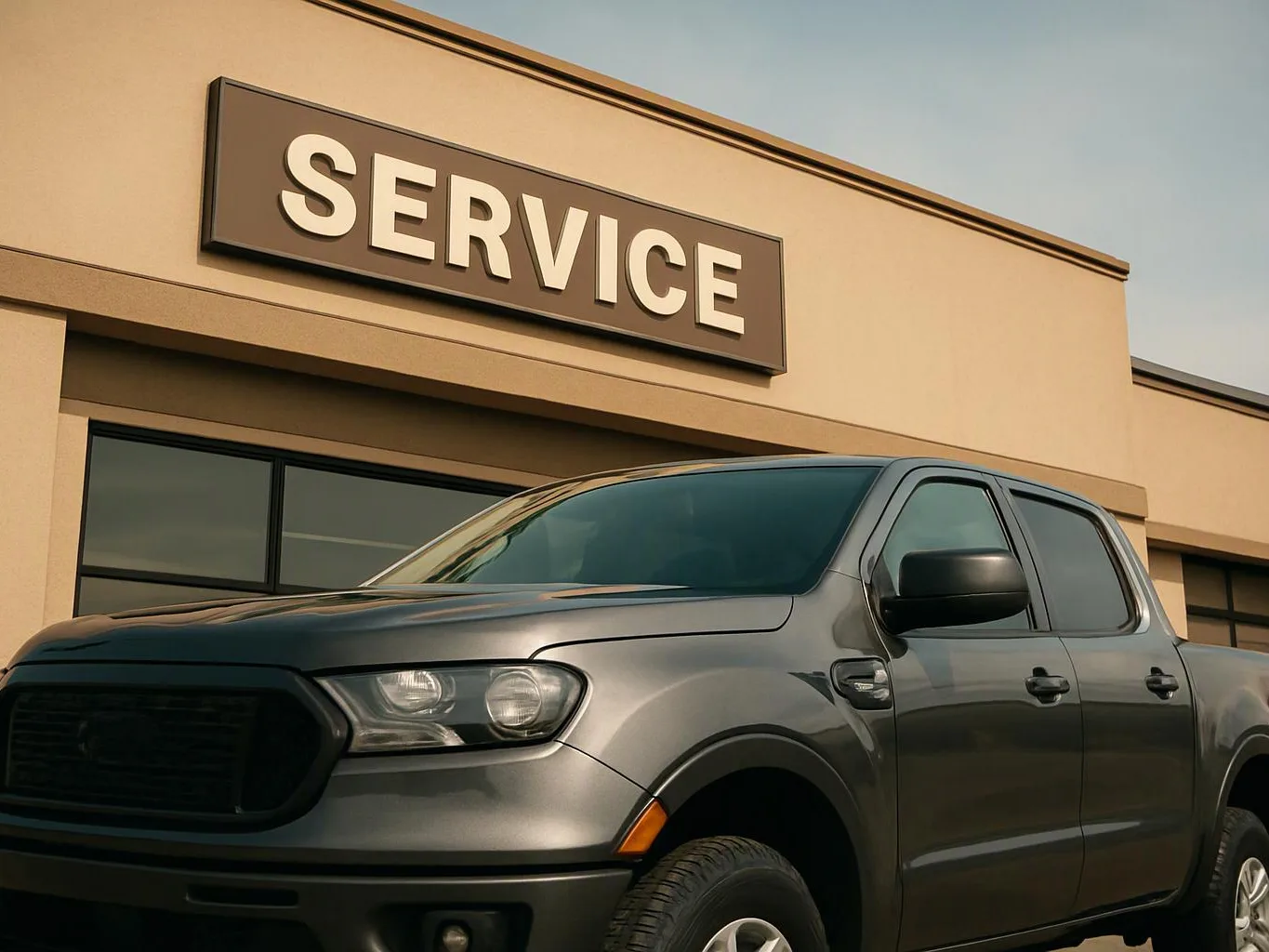 A gray pickup truck is parked in front of a building with a large “SERVICE” sign