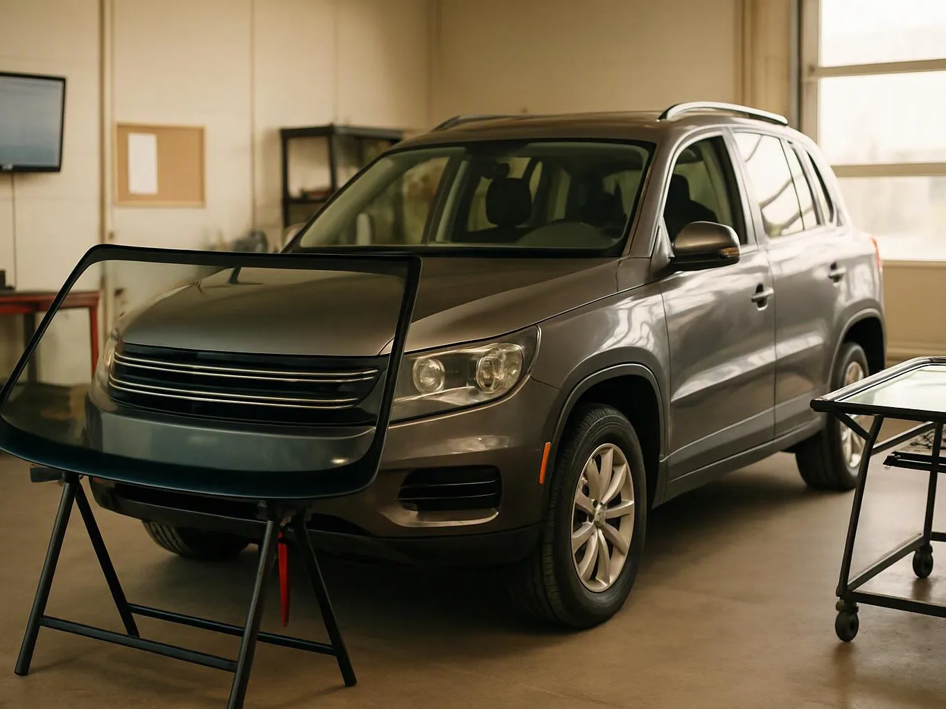 A gray SUV sits in a workshop with its windshield removed and mounted on a stand in front