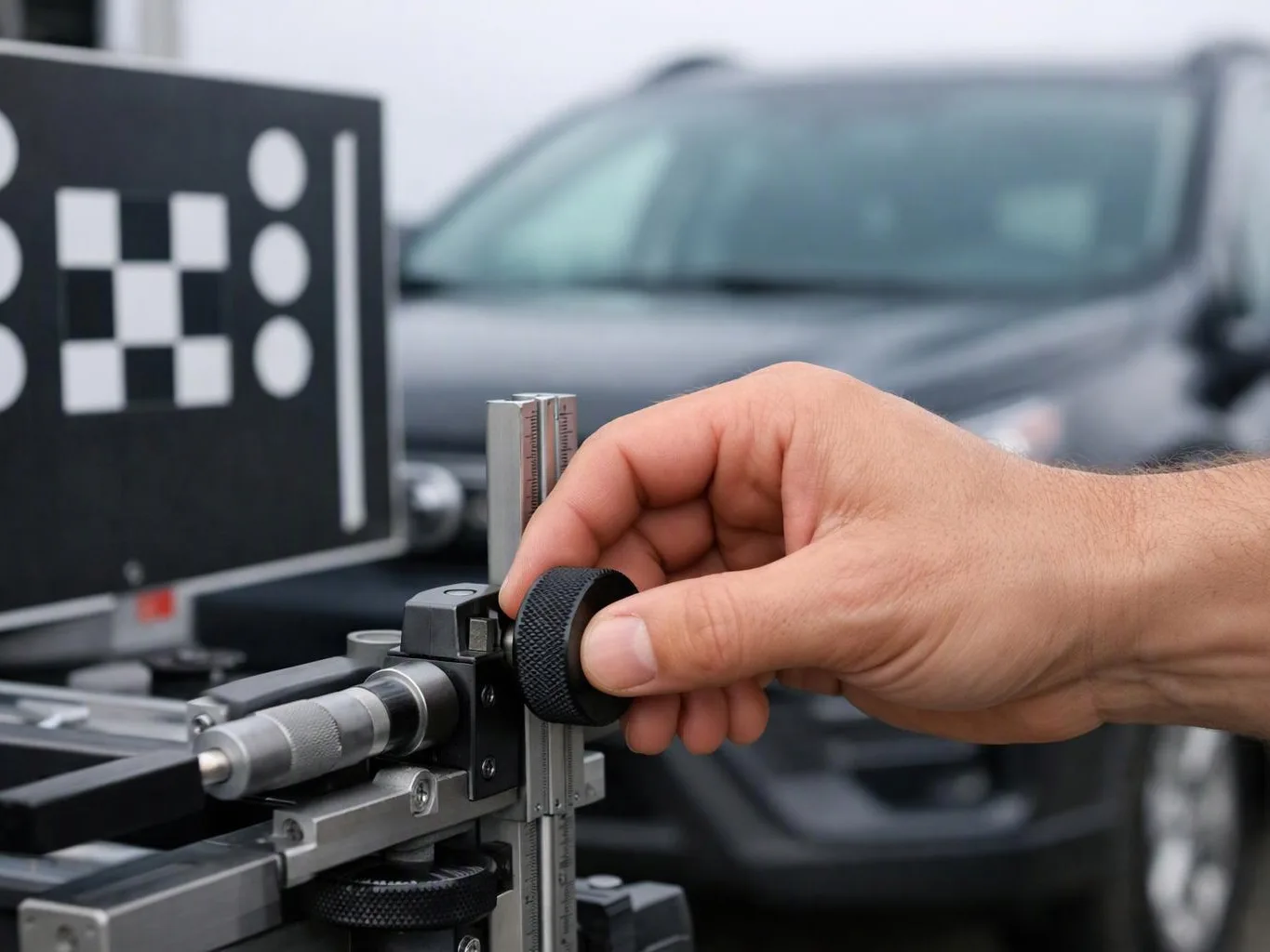 A hand adjusts a measuring device beside a blurred car and calibration target outdoors