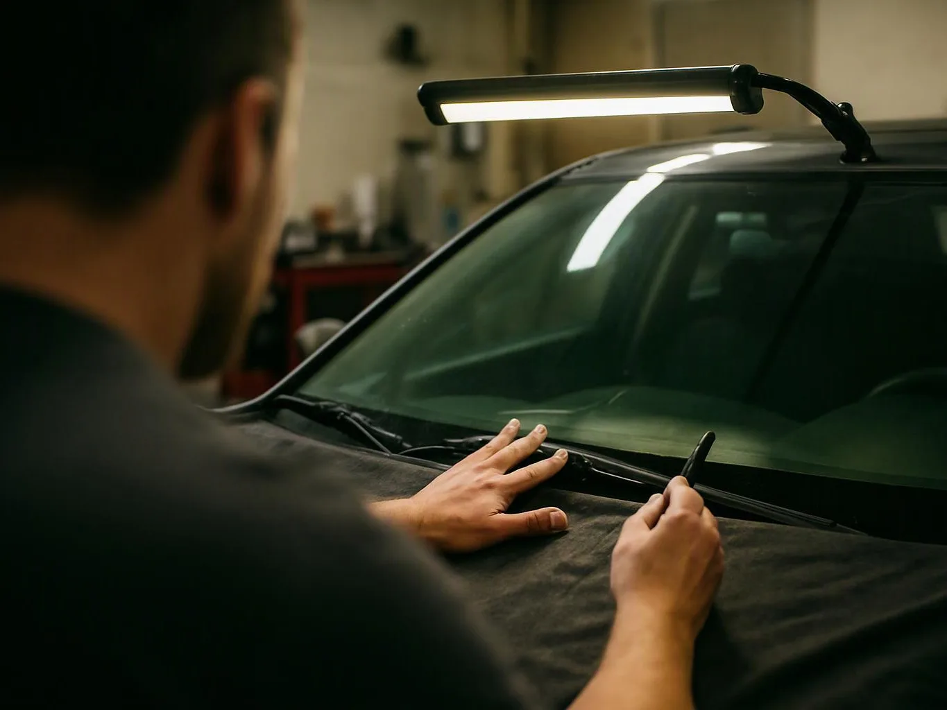 A person works on a car windshield under a bright light in a garage
