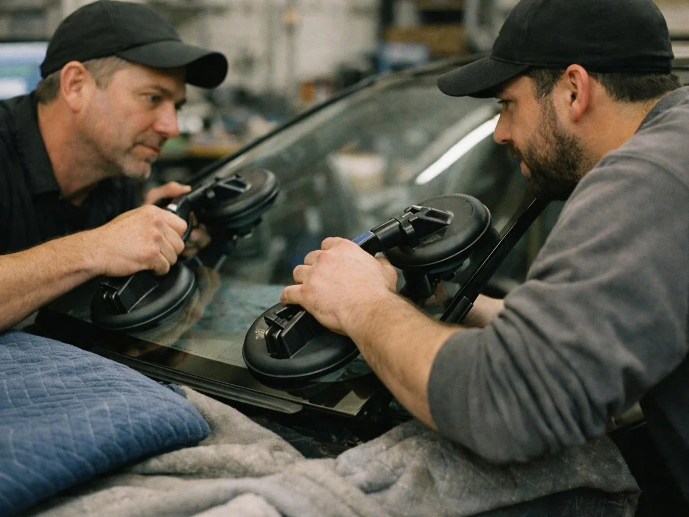 Two men in caps hold suction tools against a car windshield in a workshop