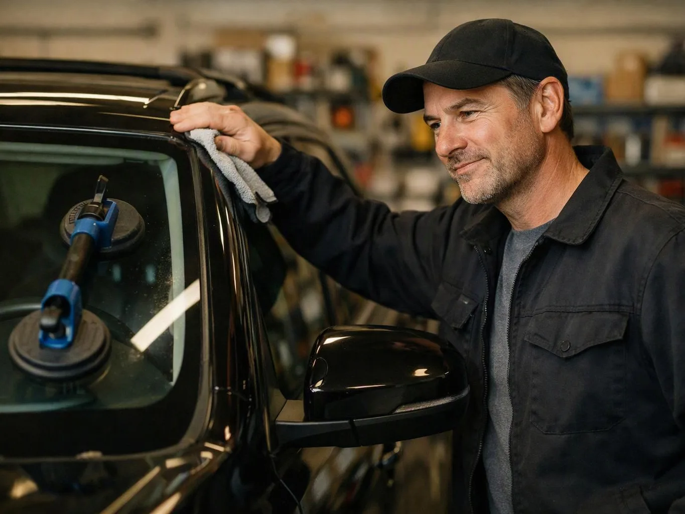 A man in a black cap wipes a black car window with a cloth in a garage
