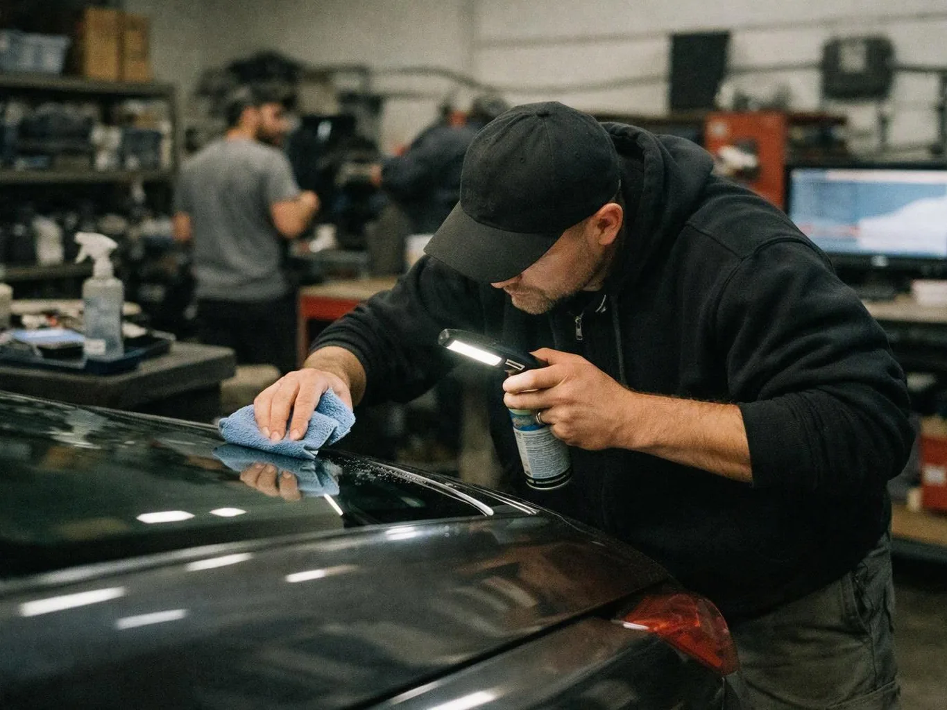 A man in a black cap wipes a car roof with a cloth while inspecting it with a flashlight in a workshop