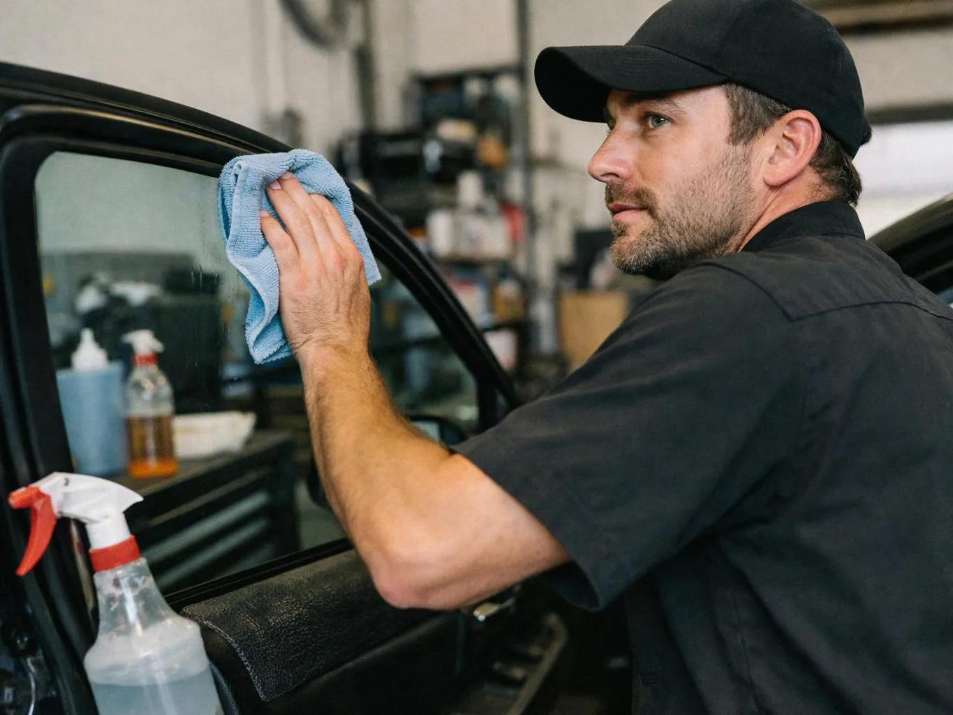 A man in a black cap wipes a car window with a blue cloth inside a garage