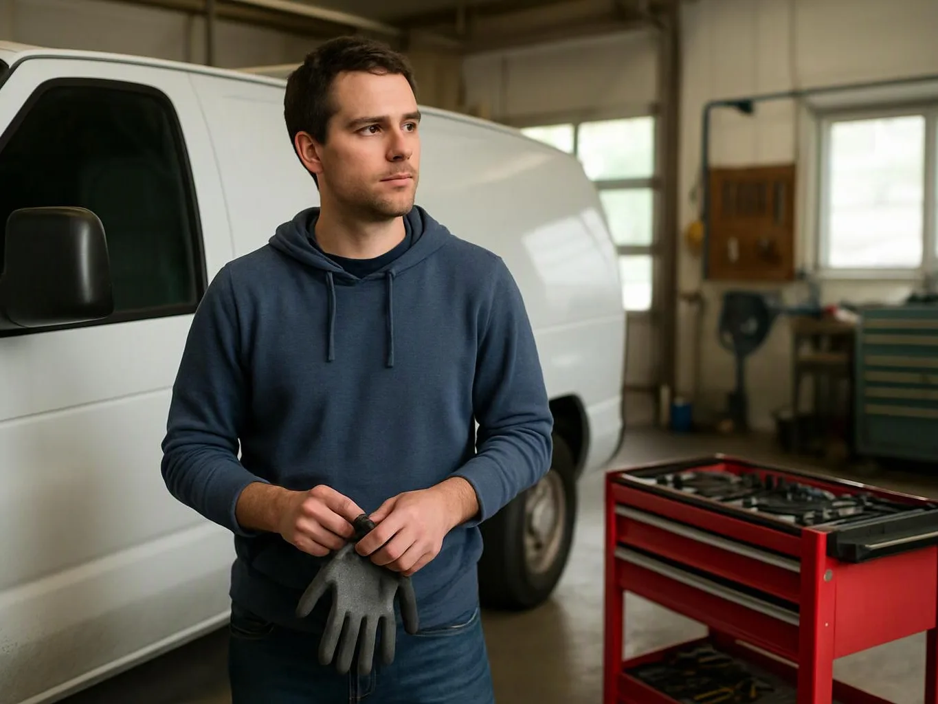 A man in a blue hoodie stands in a workshop beside a white van and a red tool cart, holding a gray glove