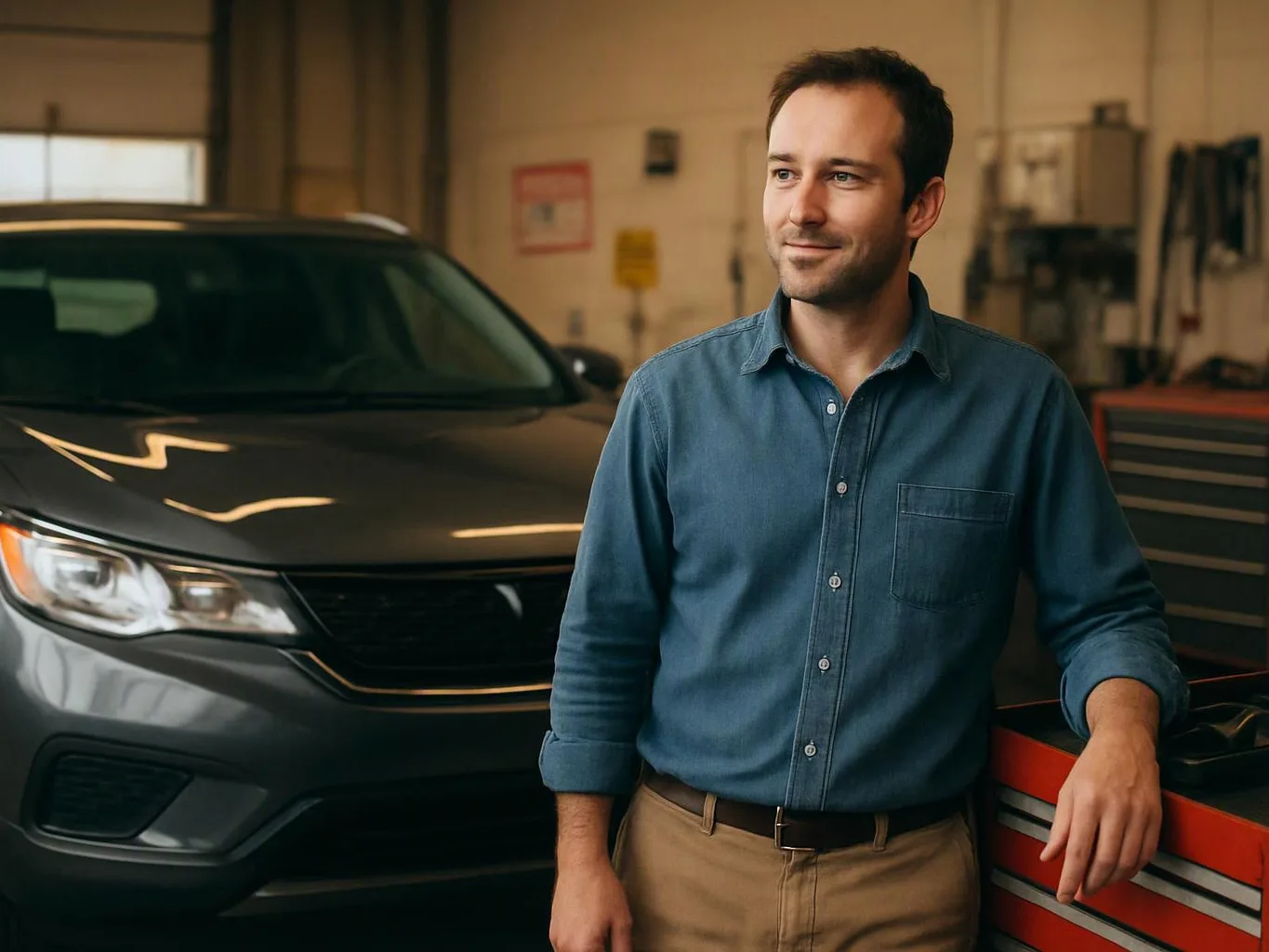 A man in a blue shirt leans beside a dark SUV inside a garage workshop
