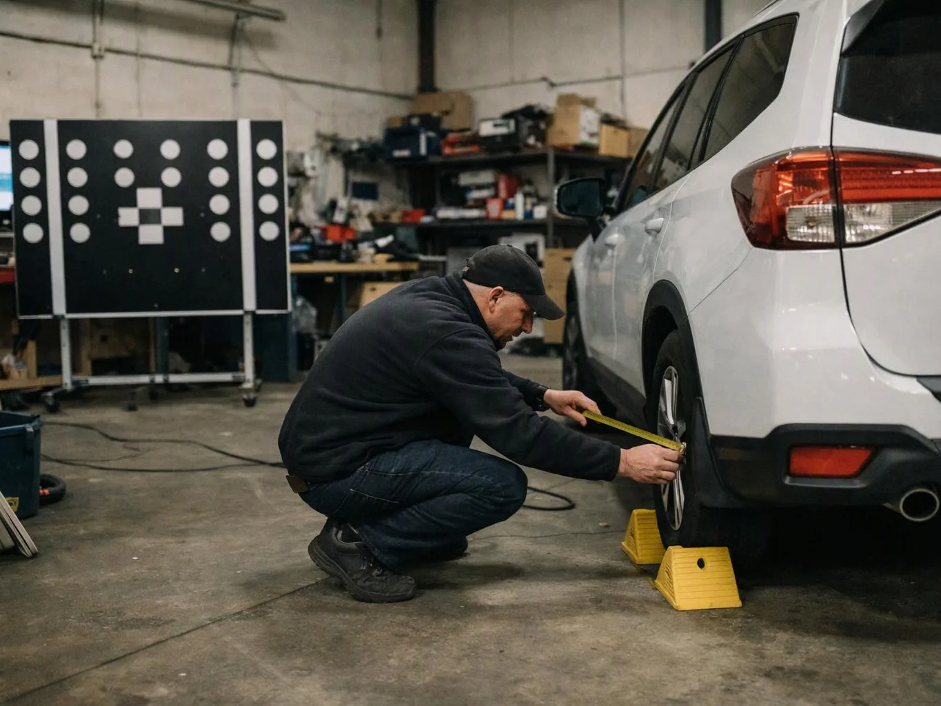 A man crouches beside a white SUV, measuring the rear wheel in a workshop with test equipment nearby