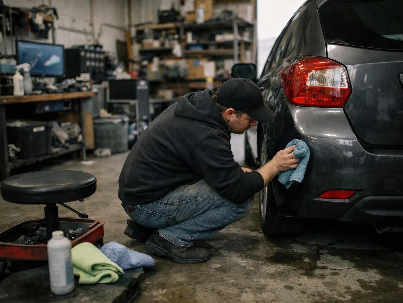 A man crouches in a garage, wiping the rear of a gray SUV with a blue cloth