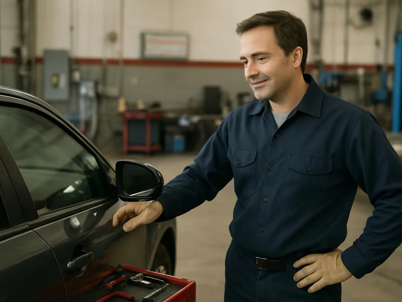 A man in a dark work shirt stands beside a black car in a garage, touching the door and smiling