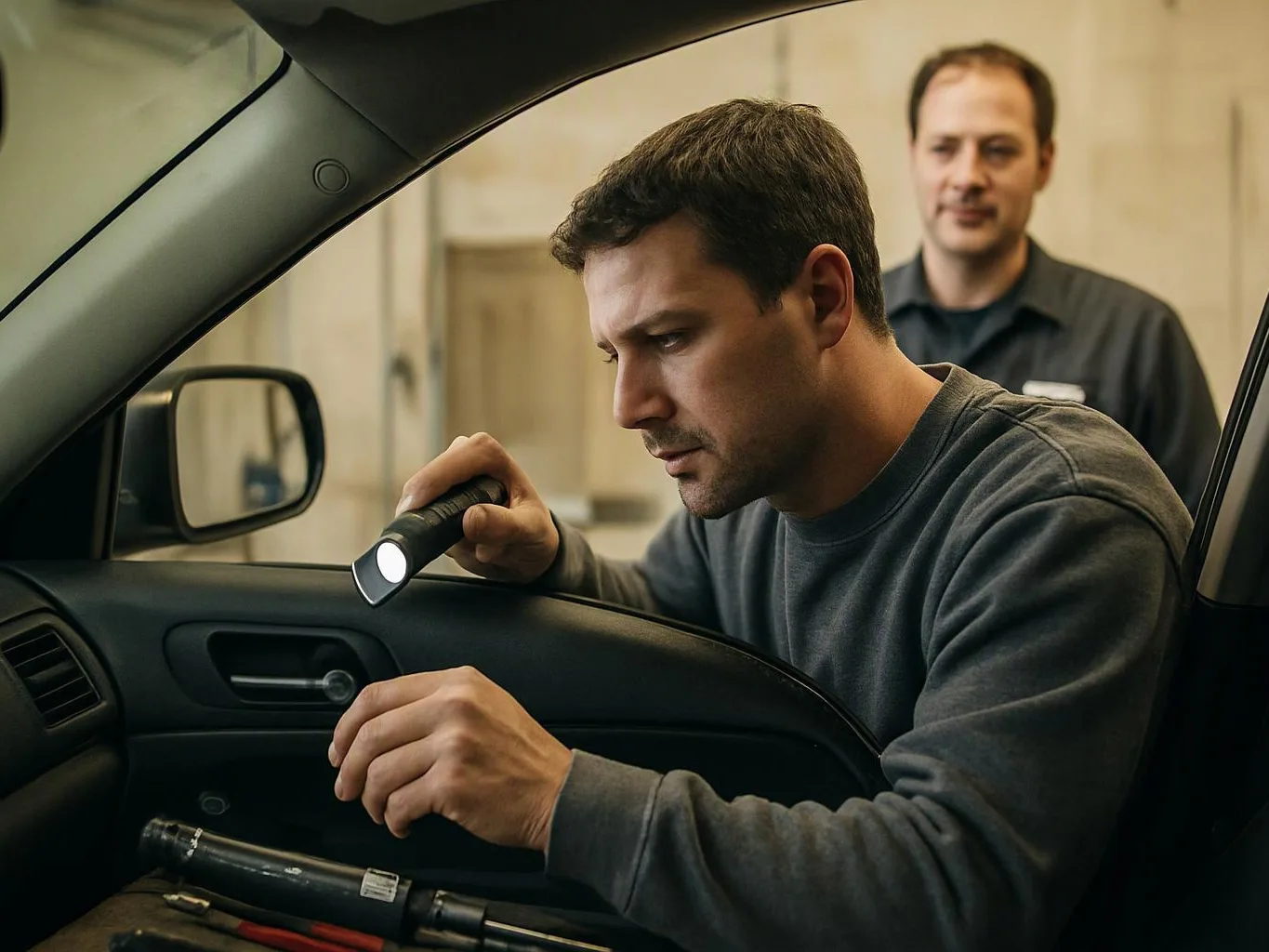 A man inspects a car door with a flashlight while another man stands behind him in a garage