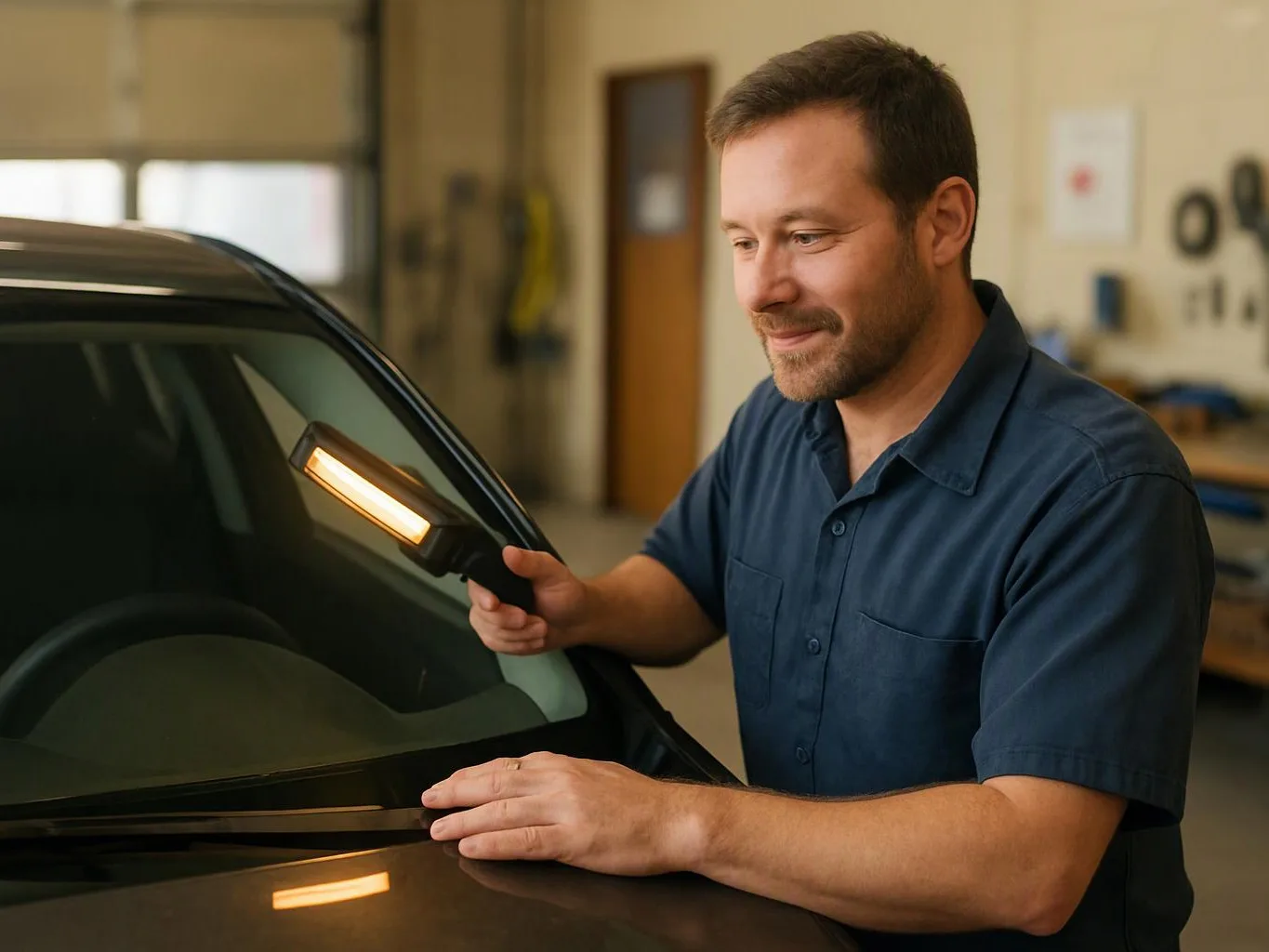 A man inspects a car windshield with a lit handheld tool inside a garage