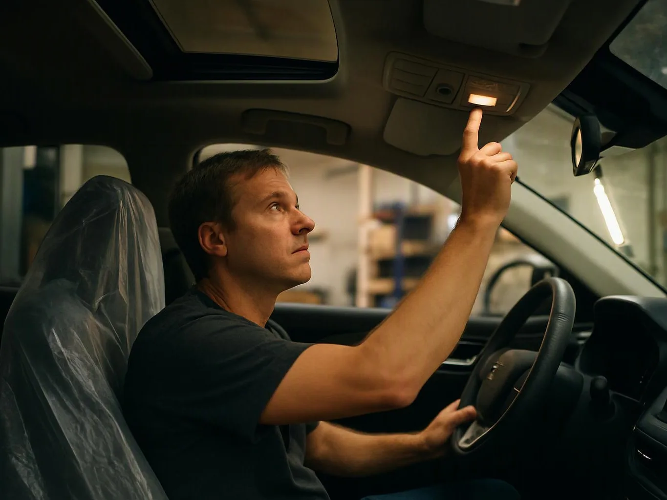 A man sits in a car and presses the overhead dome light while looking up inside the cabin