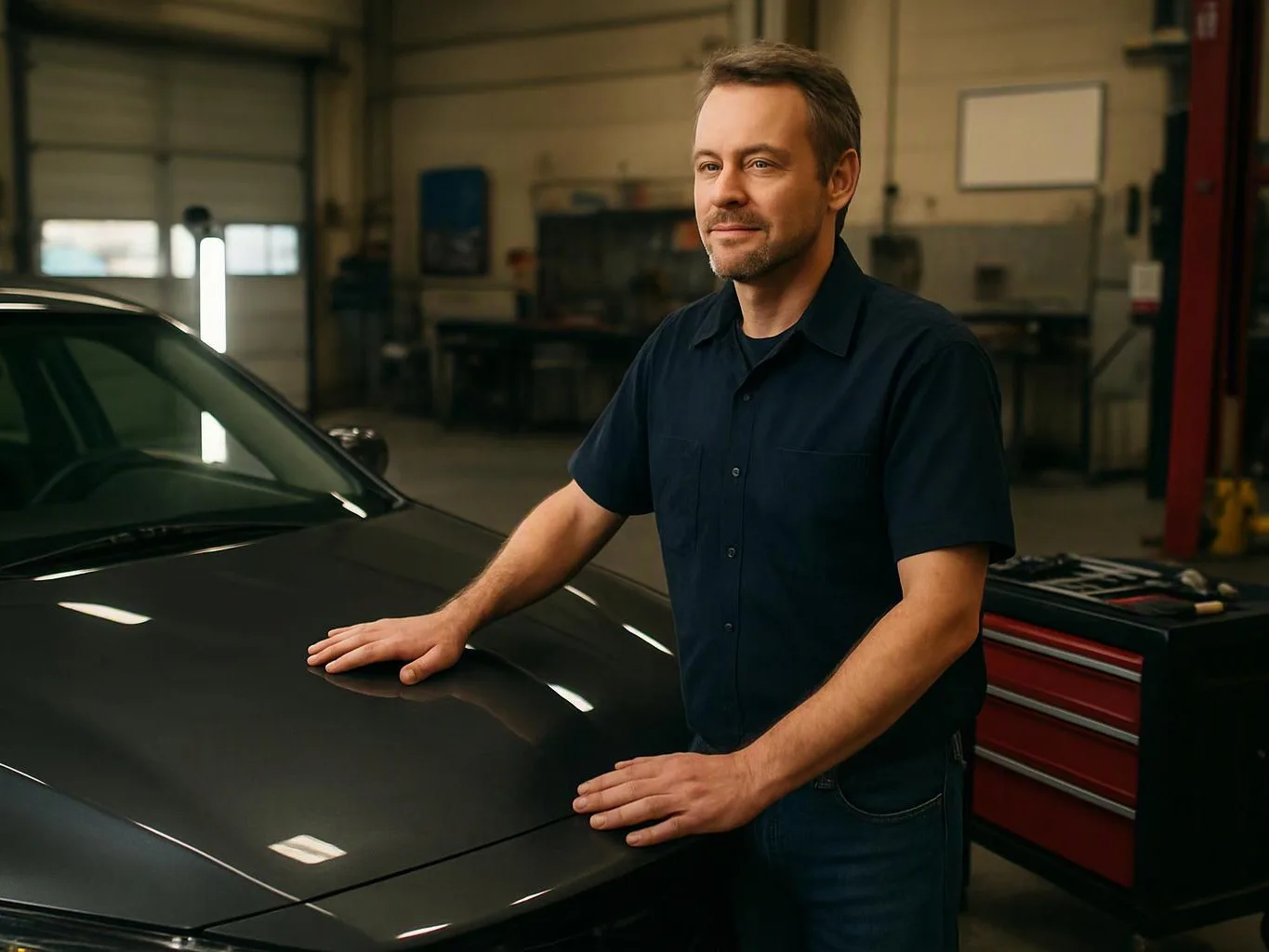 A man stands beside a black car in a garage, resting both hands on the hood